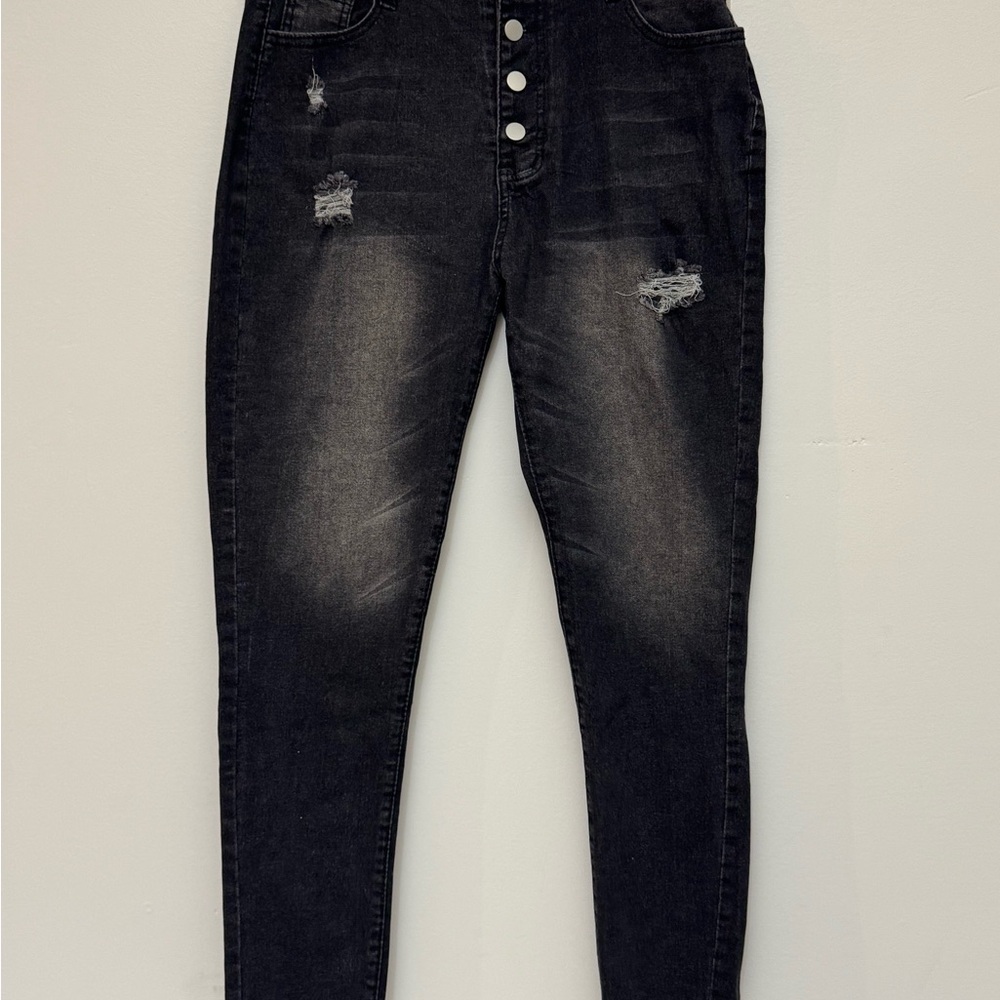 Black High Rise Button Fly Jeggings Distressed Stretch Skinny Pants L
